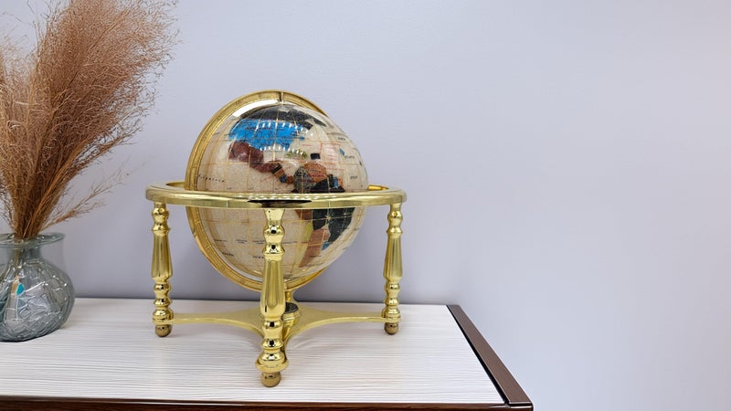 Unique Art Since 1996 Unique Art 13" Tall 9" Diameter Pearl White Ocean Desktop 4-Leg Gold Stand Gemstone Globe - Image 4