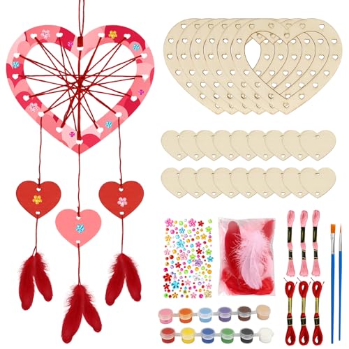 Fennoral 6 Pack Heart Dream Catcher Craft Kit for Kids Paint You Own Love Heart Dream Catcher DIY Coloring Mothers Day Wooden Art and Craft for Art Activity Project Valentines Day Decoration - Image 1