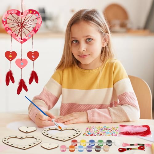 Fennoral 6 Pack Heart Dream Catcher Craft Kit for Kids Paint You Own Love Heart Dream Catcher DIY Coloring Mothers Day Wooden Art and Craft for Art Activity Project Valentines Day Decoration - Image 5