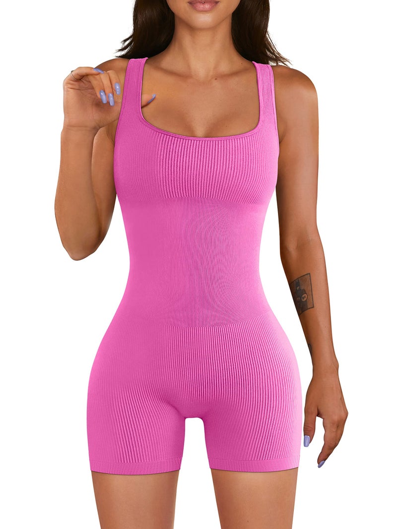 YIOIOIO Women Yoga Romper Workout Ribbed Square Neck One Piece Seamless Tank Top Jumpsuit - Image 1