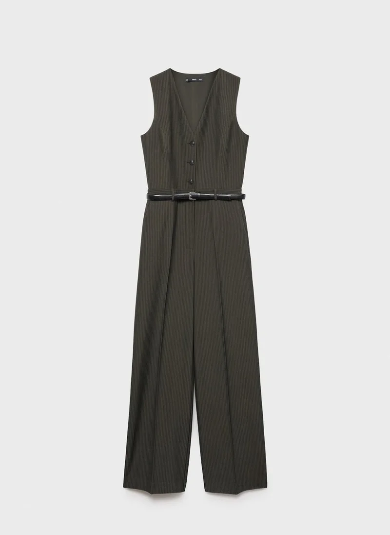 MANGO Pinstripe Belt Jumpsuit