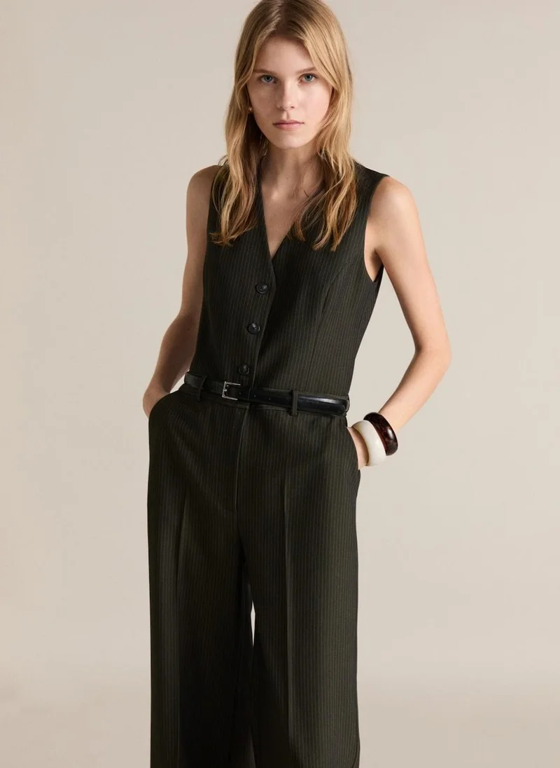 MANGO Pinstripe Belt Jumpsuit