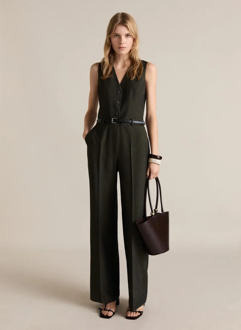 MANGO Pinstripe Belt Jumpsuit