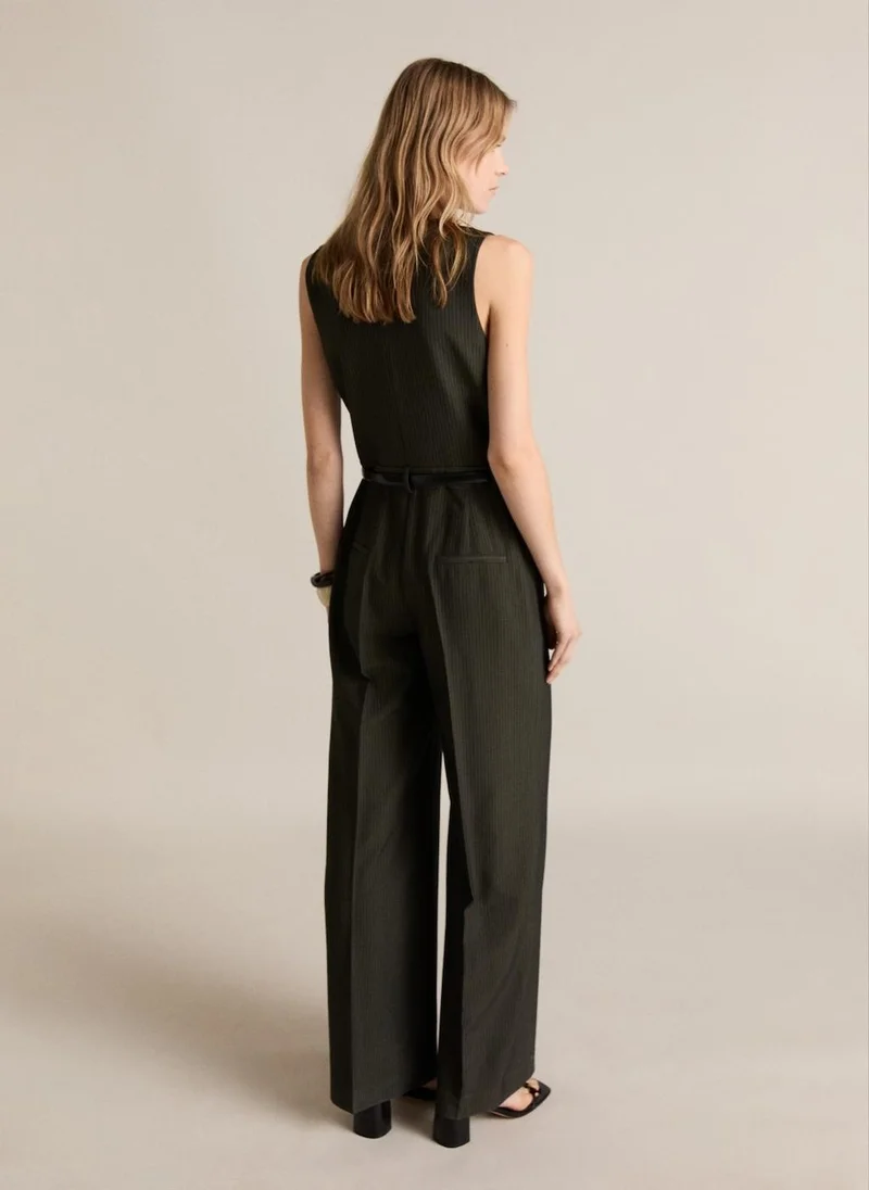 MANGO Pinstripe Belt Jumpsuit