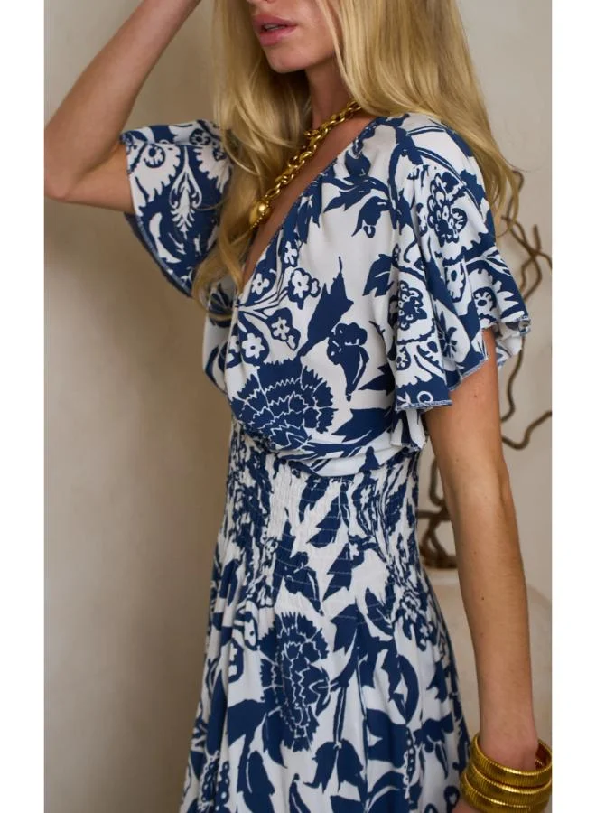 Hoxton Gal Navy Floral Mini Dress – V‐Neck, Short Ruffle Sleeves & Shirred Waist