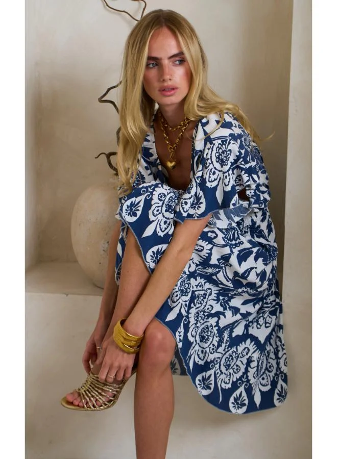 Hoxton Gal Navy Floral Mini Dress – V‐Neck, Short Ruffle Sleeves & Shirred Waist
