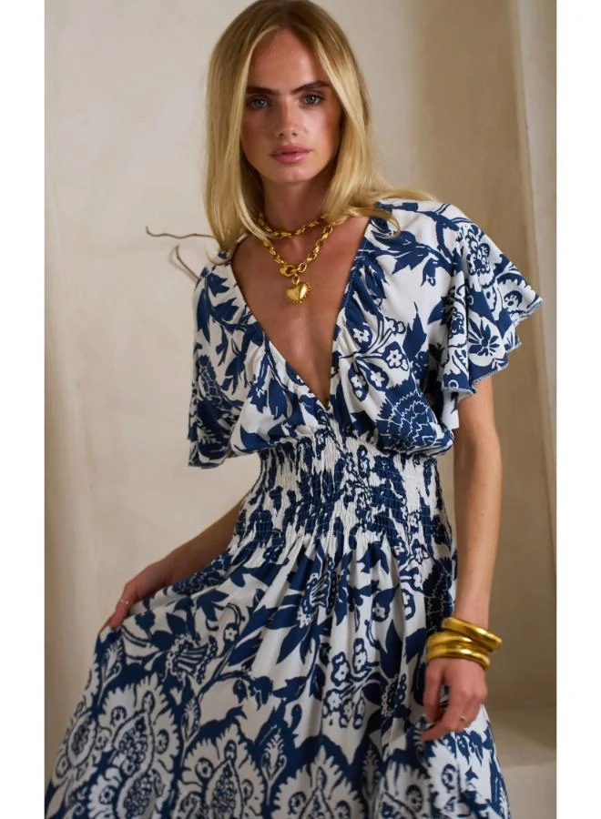 Hoxton Gal Navy Floral Mini Dress – V‐Neck, Short Ruffle Sleeves & Shirred Waist