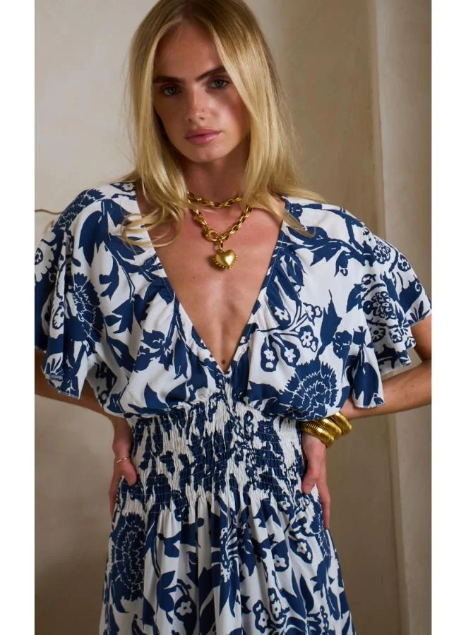 Hoxton Gal Navy Floral Mini Dress – V‐Neck, Short Ruffle Sleeves & Shirred Waist