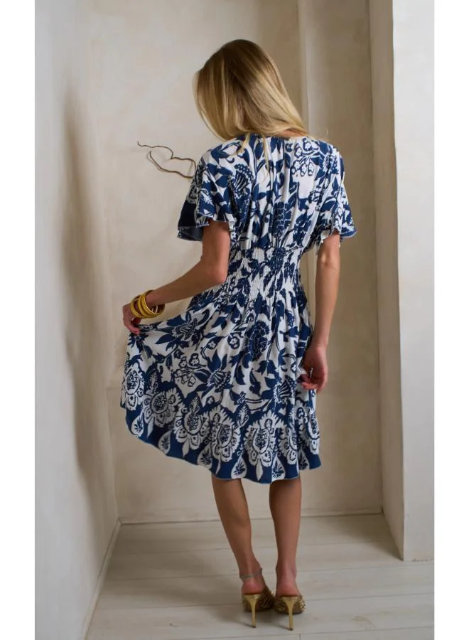 Hoxton Gal Navy Floral Mini Dress – V‐Neck, Short Ruffle Sleeves & Shirred Waist