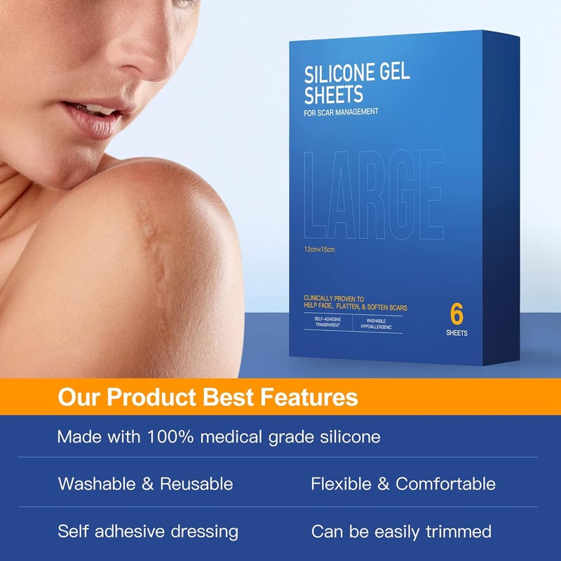 Nubical 6 Pack Large Sizes Silicone Gel Sheets 6 x 5  Medical Sterile Packaging Silicone Scar Sheets  For Irregular Scar Removal - Image 3
