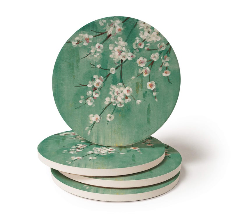 CoasterStone Teal Cherry Blossom Coasters for Drinks  Set of Four