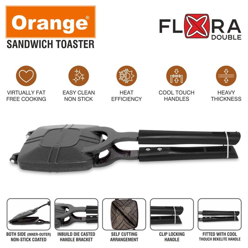 Orange صانعة السندويش غير لاصقة بمقبض قوي بارد | مع ملقط نايلون مجاني و فرشاة تنظيف | شكل زهرة | صانعة سندويش غير كهربائية | متوافقة مع موقد الغاز | أسود - Image 2