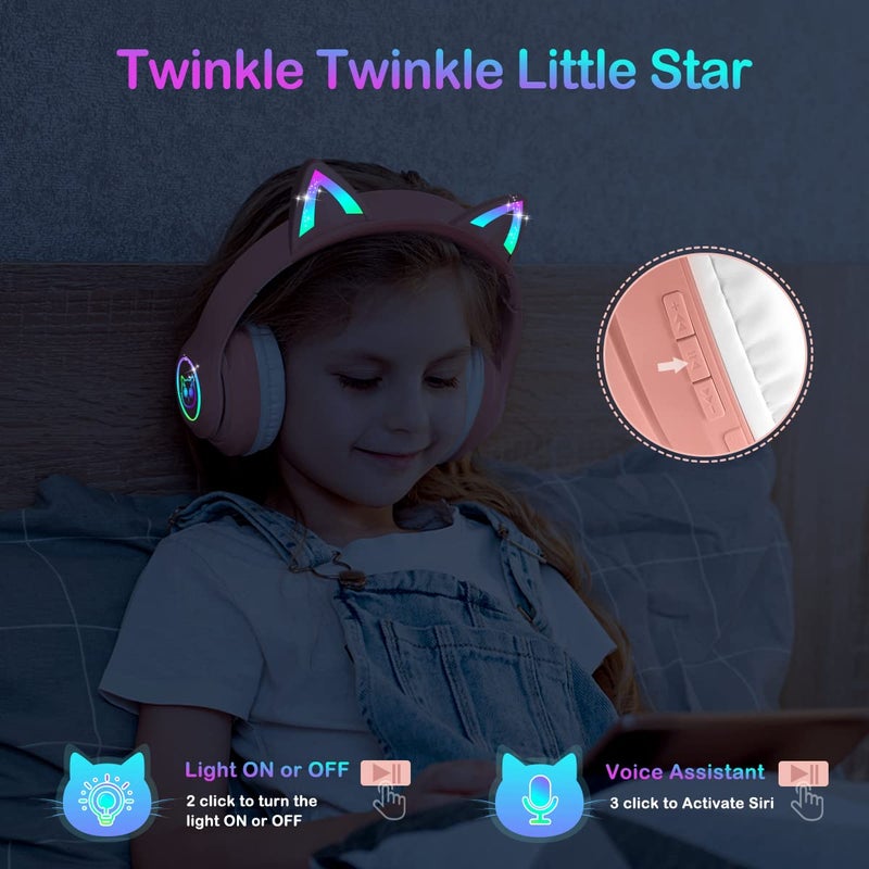 LOBKIN سماعات لوبكين بلوتوث 5.3 للأطفال مع علبة - أذنين قطة مضيئة RGB قابلة للطي وقابلة للتعديل فوق الأذن تدعم الوضع اللاسلكي أو السلكي 3.5 مم للأطفال والفتيات والأولاد المراهقين - Image 5