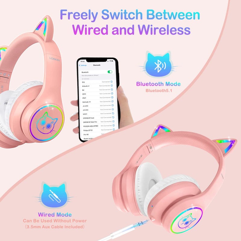 LOBKIN سماعات لوبكين بلوتوث 5.3 للأطفال مع علبة - أذنين قطة مضيئة RGB قابلة للطي وقابلة للتعديل فوق الأذن تدعم الوضع اللاسلكي أو السلكي 3.5 مم للأطفال والفتيات والأولاد المراهقين - Image 3