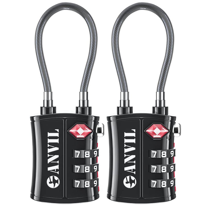 Anvil ANVIL TSA Approved Luggage Locks - Re-settable 3-Digit Combination Cable Lock with Alloy Body, Keyless Travel Sentry Accepted Padlock for Gym Locker, Golf Bags, Suitcases  - Image 1