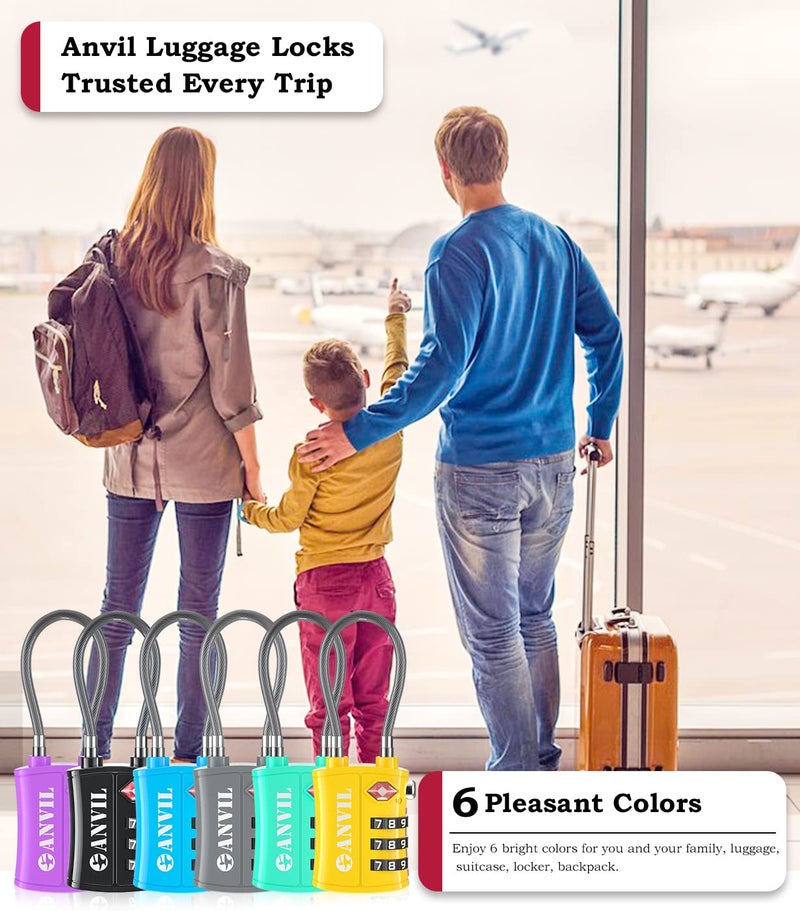 Anvil ANVIL TSA Approved Luggage Locks - Re-settable 3-Digit Combination Cable Lock with Alloy Body, Keyless Travel Sentry Accepted Padlock for Gym Locker, Golf Bags, Suitcases  - Image 5