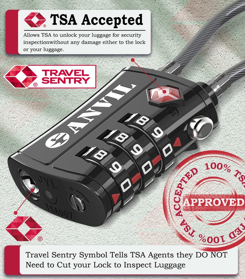 Anvil ANVIL TSA Approved Luggage Locks - Re-settable 3-Digit Combination Cable Lock with Alloy Body, Keyless Travel Sentry Accepted Padlock for Gym Locker, Golf Bags, Suitcases  - Image 2