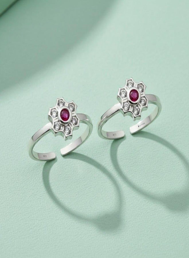 Parnika 925 Sterling Silver Floral Design Adjustable Toe Rings for Women | Pair of Silver Bichiya with Red Stone & CZ Accents | Hallmarked Silver Foot Jewelry - Image 2