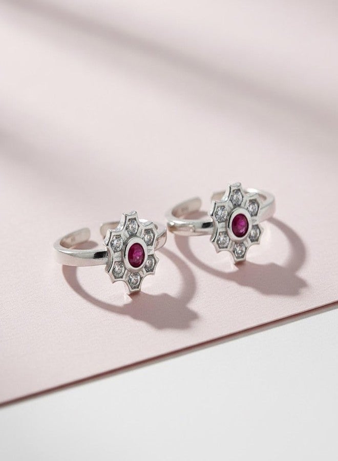 Parnika 925 Sterling Silver Floral Design Adjustable Toe Rings for Women | Pair of Silver Bichiya with Red Stone & CZ Accents | Hallmarked Silver Foot Jewelry - Image 3