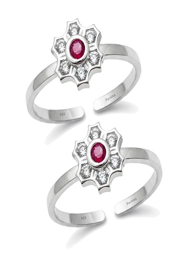 Parnika 925 Sterling Silver Floral Design Adjustable Toe Rings for Women | Pair of Silver Bichiya with Red Stone & CZ Accents | Hallmarked Silver Foot Jewelry - Image 1