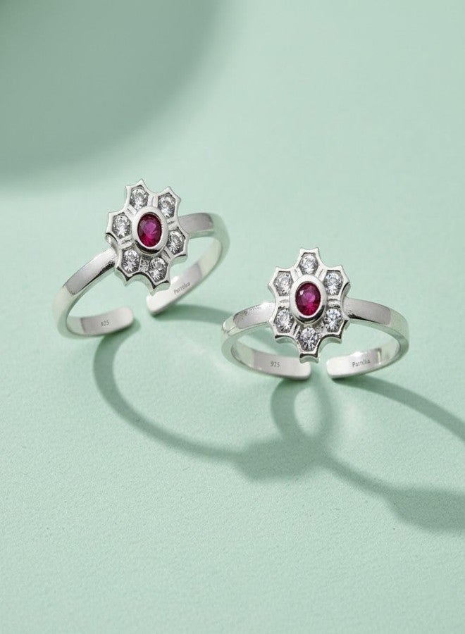 Parnika 925 Sterling Silver Floral Design Adjustable Toe Rings for Women | Pair of Silver Bichiya with Red Stone & CZ Accents | Hallmarked Silver Foot Jewelry - Image 4