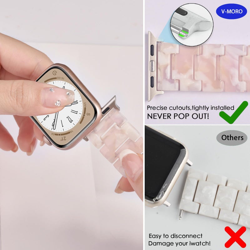 V-MORO Resin Bands Compatible with Apple Watch Series 11/10/9/8/7 Band 45mm 46mm Starlight Buckle Lightweight Fashion Cute Fancy Strap Bracelet for iwatch Series SE/6/5/4/3/2/1(Floral Pink,42/44/45/46/49mm) - Image 4