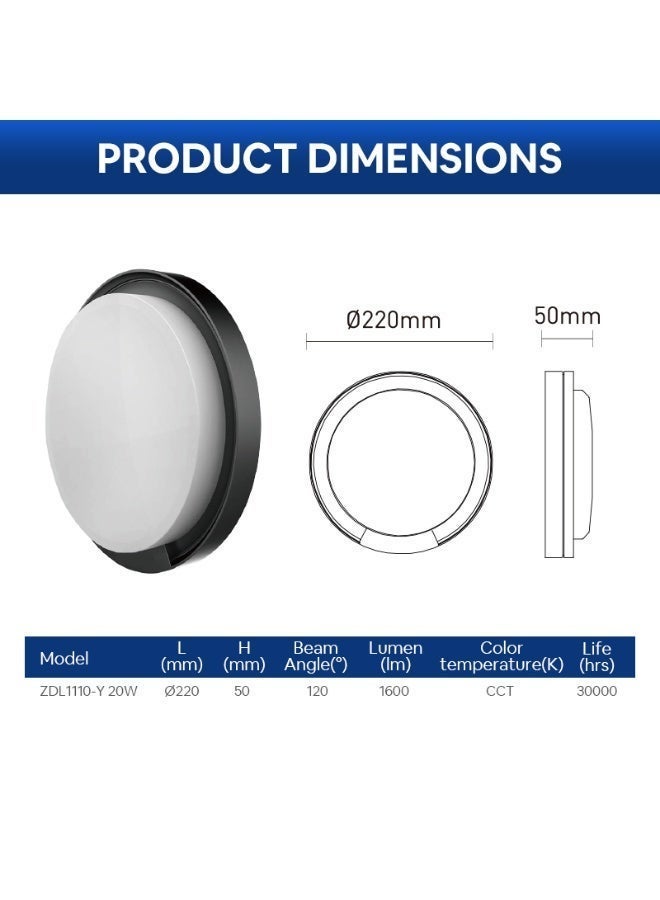 Energetic LED Outdoor Wall Light/Bulkhead ZDL1110-Y 20W CCT(3000K/4000K/6500K Switchable) IP65 - Image 2