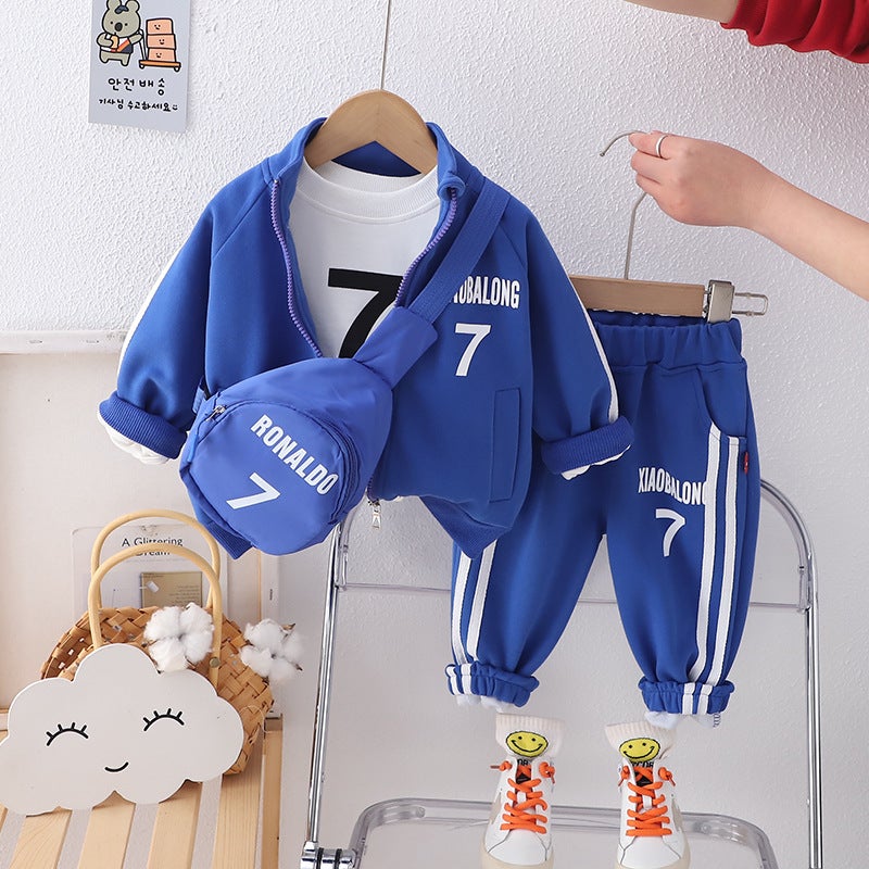 Boys spring clothes Western style childrens clothes spring and autumn three-piece suit baby handsome trendy childrens clothing new baby spring suit Blue without bag
