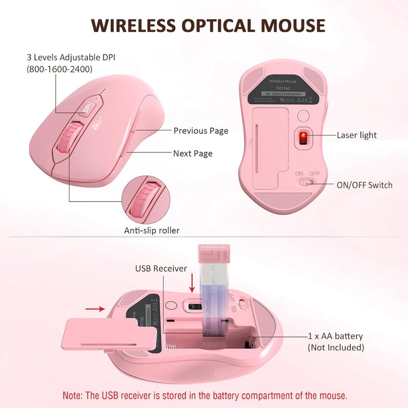EDJO Wireless Keyboard and Mouse Combo, 2.4G Full-Sized Ergonomic Computer Keyboard with Wrist Rest and 3 Level DPI Adjustable Wireless Mouse for Windows, Mac OS Desktop/Laptop/PC (Pink) - Image 4