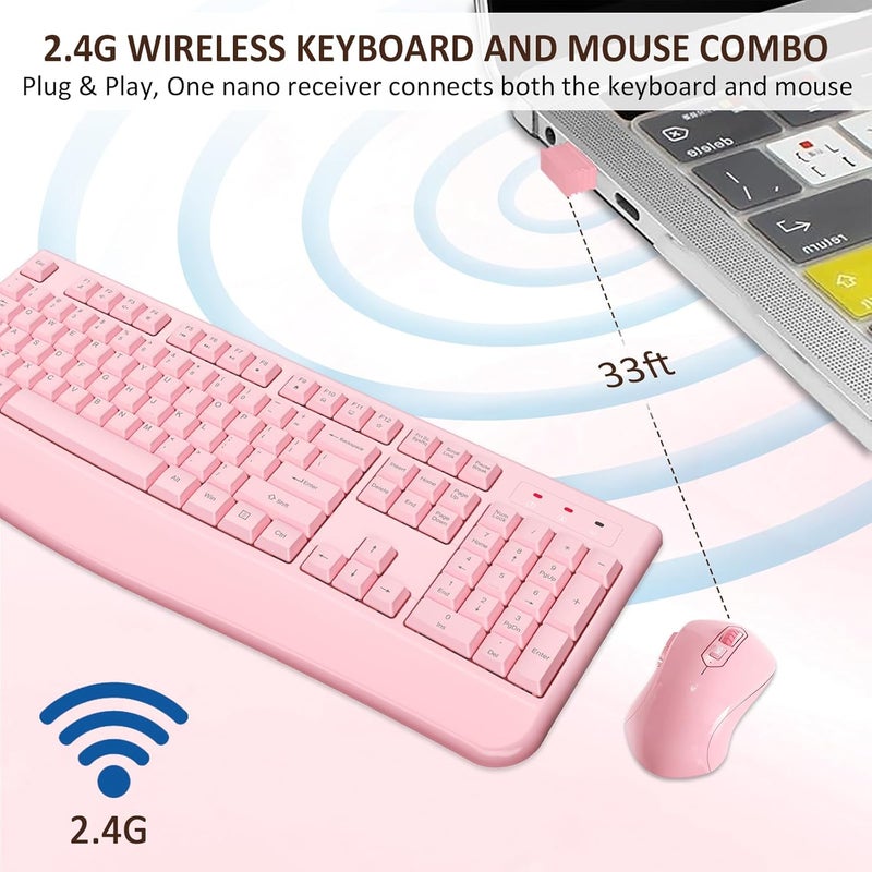 EDJO Wireless Keyboard and Mouse Combo, 2.4G Full-Sized Ergonomic Computer Keyboard with Wrist Rest and 3 Level DPI Adjustable Wireless Mouse for Windows, Mac OS Desktop/Laptop/PC (Pink) - Image 5