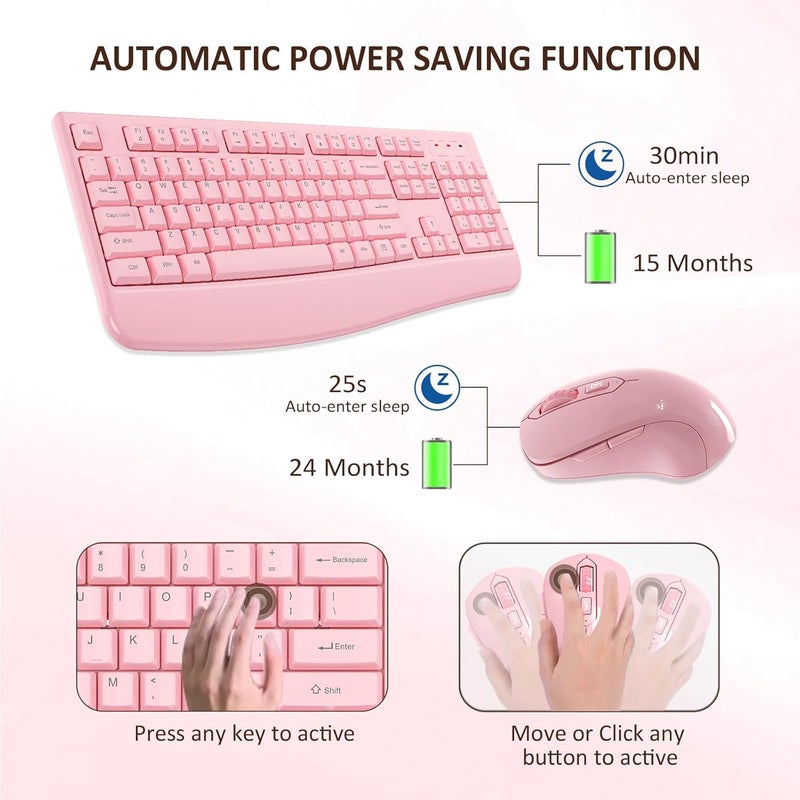 EDJO Wireless Keyboard and Mouse Combo, 2.4G Full-Sized Ergonomic Computer Keyboard with Wrist Rest and 3 Level DPI Adjustable Wireless Mouse for Windows, Mac OS Desktop/Laptop/PC (Pink) - Image 2