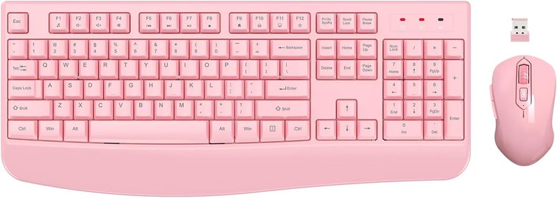 EDJO Wireless Keyboard and Mouse Combo, 2.4G Full-Sized Ergonomic Computer Keyboard with Wrist Rest and 3 Level DPI Adjustable Wireless Mouse for Windows, Mac OS Desktop/Laptop/PC (Pink) - Image 1