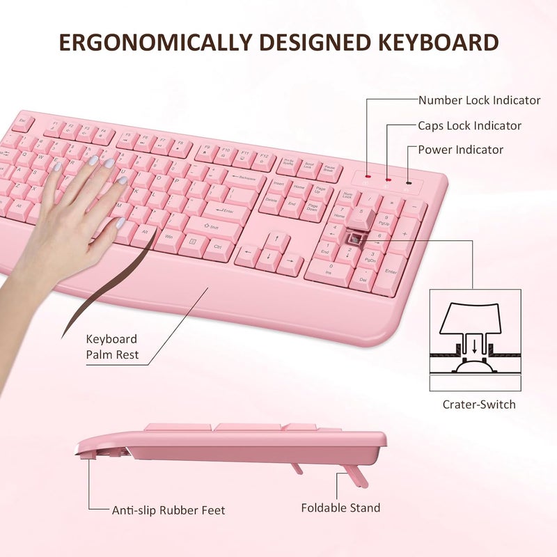 EDJO Wireless Keyboard and Mouse Combo, 2.4G Full-Sized Ergonomic Computer Keyboard with Wrist Rest and 3 Level DPI Adjustable Wireless Mouse for Windows, Mac OS Desktop/Laptop/PC (Pink) - Image 3