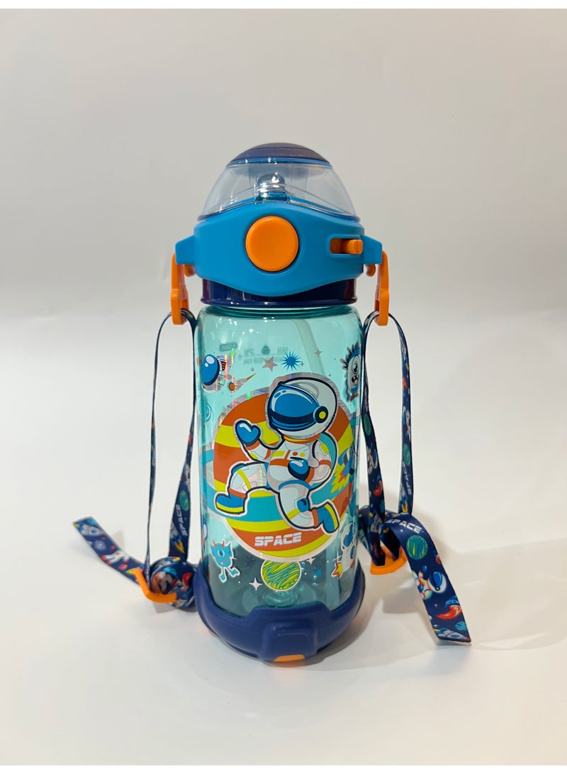 Space Astronaut Theme Kids Water Bottle Sippy Cup with Straw, 650ML BPA-Free Leakproof Water Bottle with Adjustable Shoulder Strap, Portable Drinking Cup for Kids
