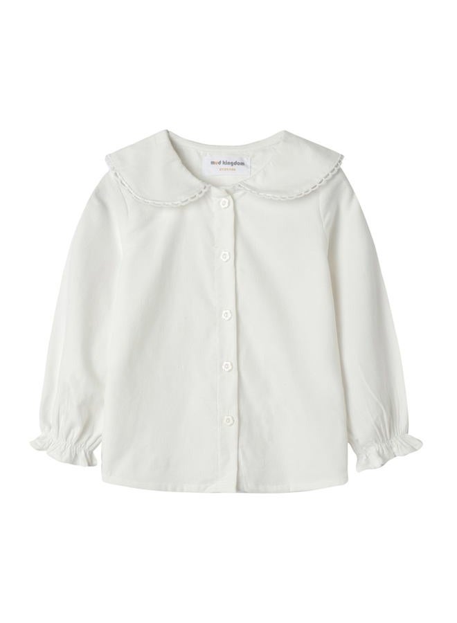 Mud Kingdom Girls Corduroy Shirt Long Sleeve Lace Peter Pan Collar White Size 10-12 - Image 1