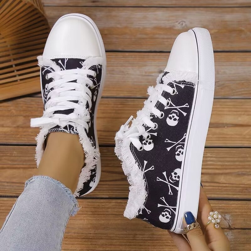 Women's Canvas Low Top Sneakers Skull Print Casual Shoes - Image 2