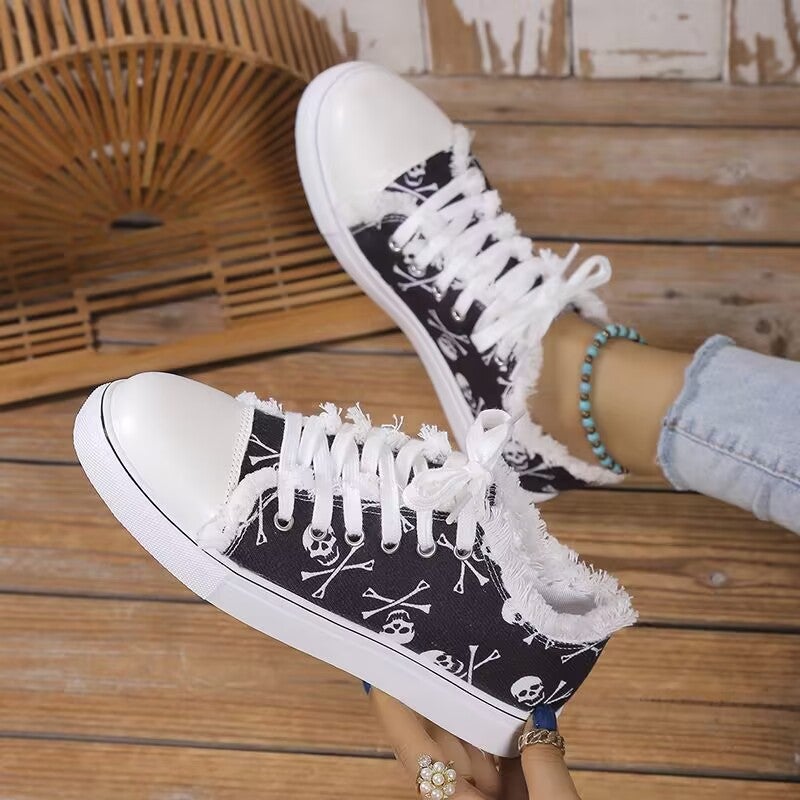 Women's Canvas Low Top Sneakers Skull Print Casual Shoes - Image 3