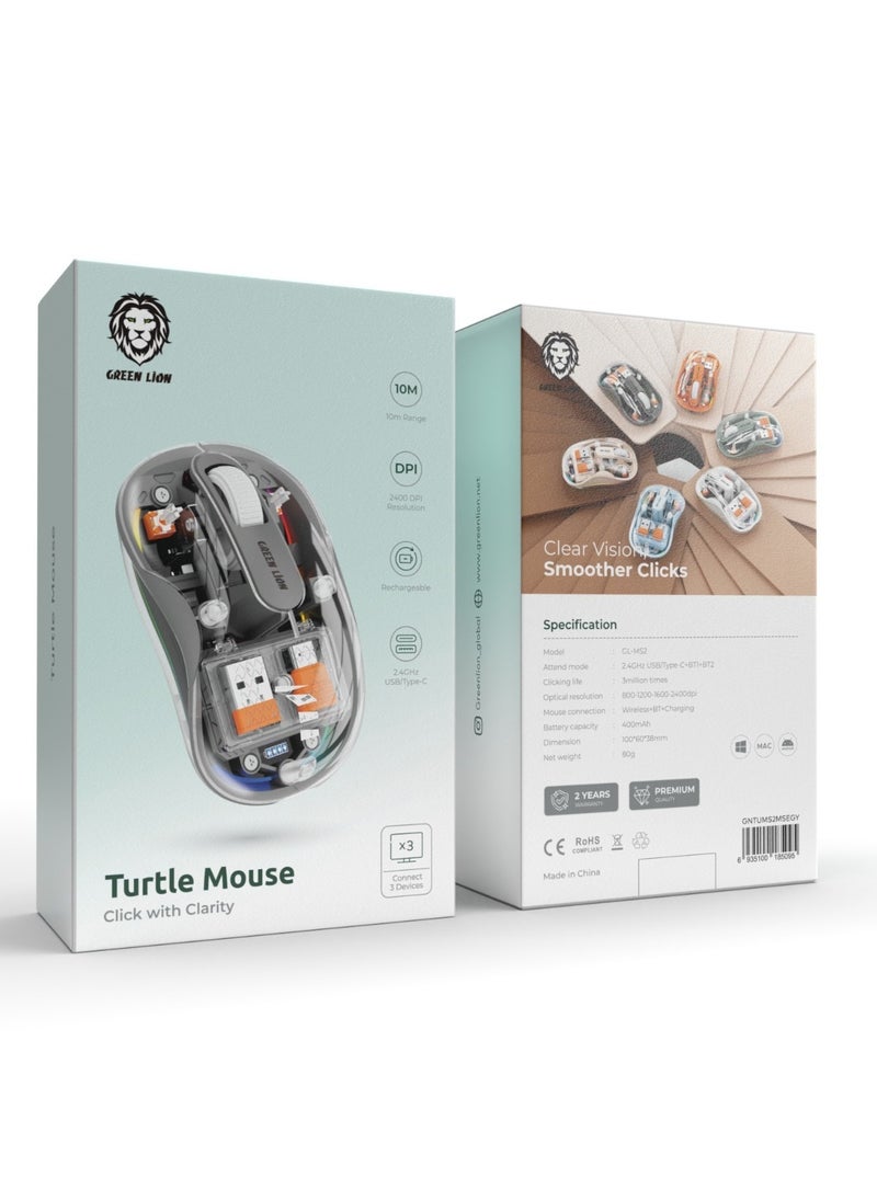 GREEN LION - Turtle Mouse 2400DPI Resolution 10m Range Connect 3 Devices for Windows / Android / Mac / 3 million Times Clicking Life / Wireless+BT+Charging Mouse Connection / 400mAh Battery Capacity - Gray - Image 1