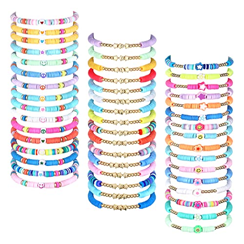 Jadive 48 Pcs Friendship Bracelets Bulk Colorful Adjustable Kids Bracelets Stretch Clay Preppy Surfer Beaded Halloween Christmas Girl Boys Party Favors Jewelry Gift Set, Various Styles(Basic) - Image 1