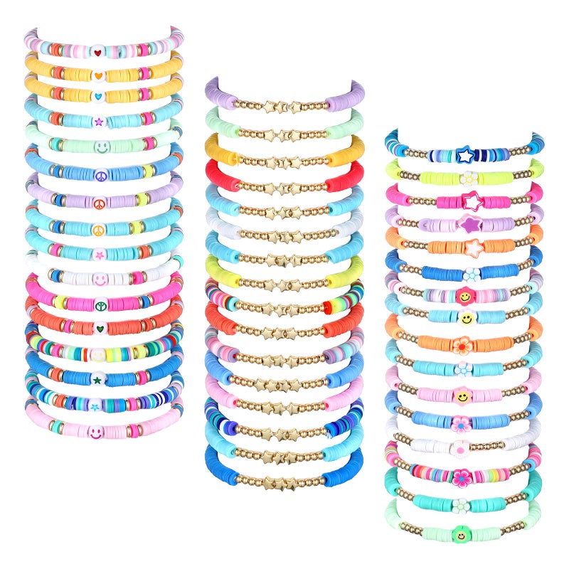 Jadive 48 Pcs Friendship Bracelets Bulk Colorful Adjustable Kids Bracelets Stretch Clay Preppy Surfer Beaded Halloween Christmas Girl Boys Party Favors Jewelry Gift Set, Various Styles(Basic) - Image 5