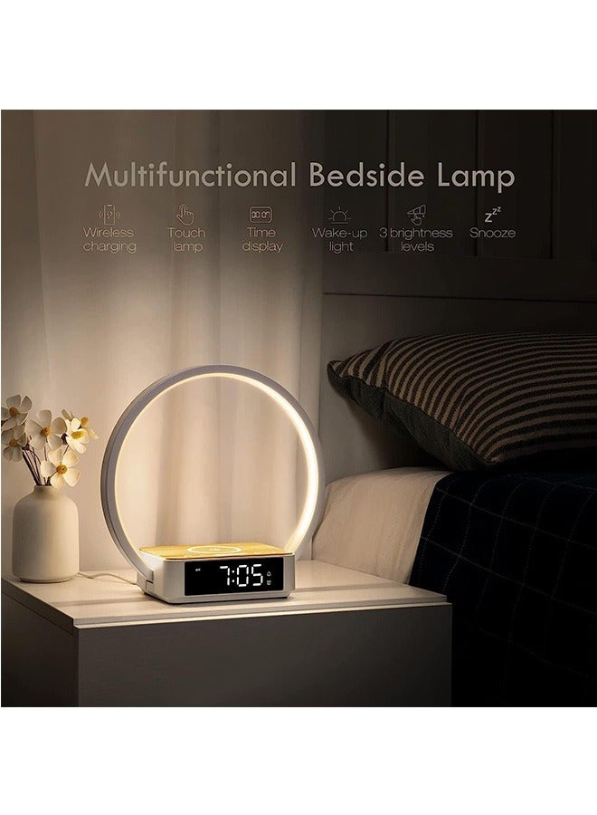لينند مصباح بجانب السرير، مصباح طاولة يعمل باللمس مع شاحن لاسلكي، مصباح منضدة مع ساعة، ضوء استيقاظ 3 مستويات سطوع LED ضوء ليلي لغرفة النوم وغرفة المعيشة ومنضدة - Image 2