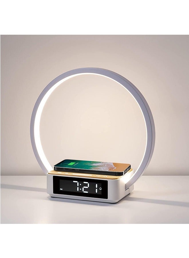 لينند مصباح بجانب السرير، مصباح طاولة يعمل باللمس مع شاحن لاسلكي، مصباح منضدة مع ساعة، ضوء استيقاظ 3 مستويات سطوع LED ضوء ليلي لغرفة النوم وغرفة المعيشة ومنضدة - Image 1