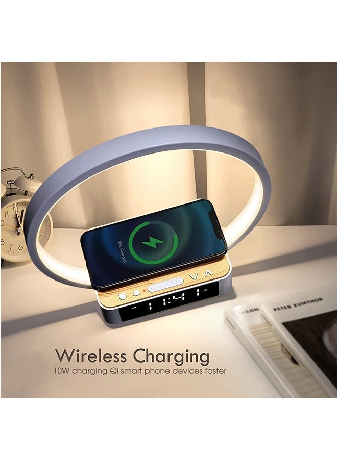 لينند مصباح بجانب السرير، مصباح طاولة يعمل باللمس مع شاحن لاسلكي، مصباح منضدة مع ساعة، ضوء استيقاظ 3 مستويات سطوع LED ضوء ليلي لغرفة النوم وغرفة المعيشة ومنضدة - Image 3