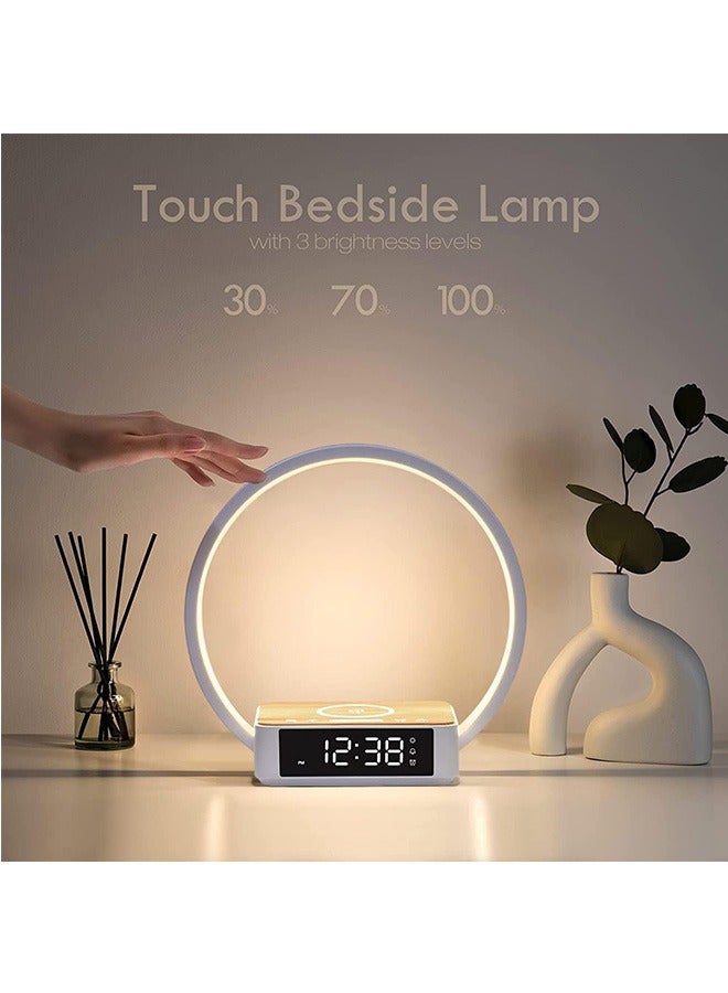 لينند مصباح بجانب السرير، مصباح طاولة يعمل باللمس مع شاحن لاسلكي، مصباح منضدة مع ساعة، ضوء استيقاظ 3 مستويات سطوع LED ضوء ليلي لغرفة النوم وغرفة المعيشة ومنضدة - Image 4