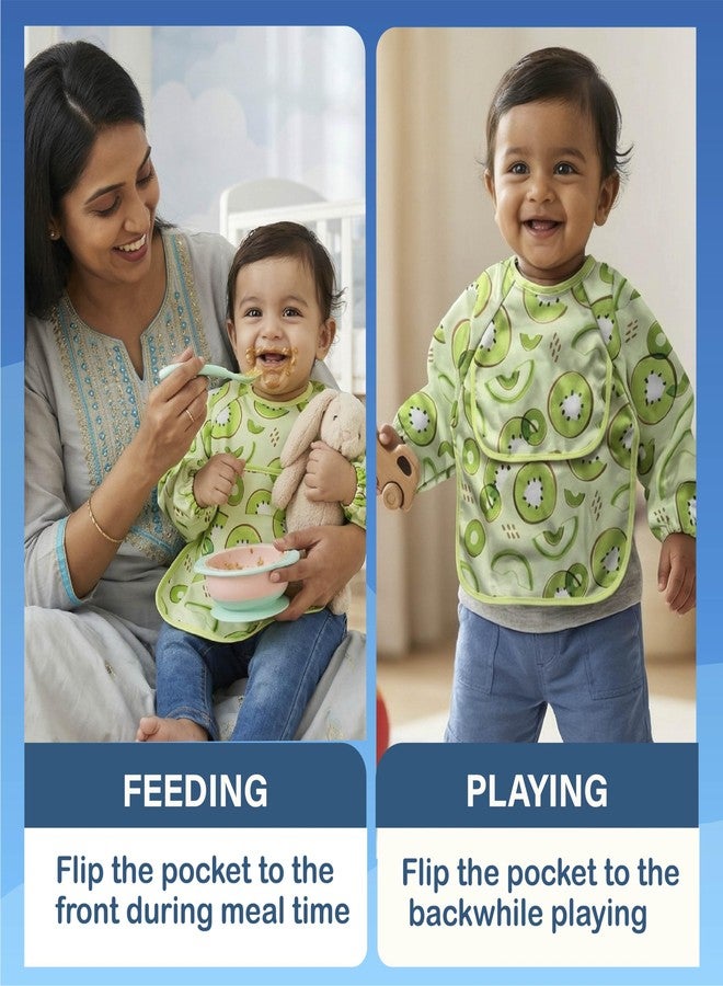 Chic Buddy Baby Long Sleeve Bib, Toddler Children's Leak-Free Baby Bib with Sleeves, Washable/Lightweight/Wipeable (6-24 Months) waterproof Apron with Pocket (Kiwi) - Image 3