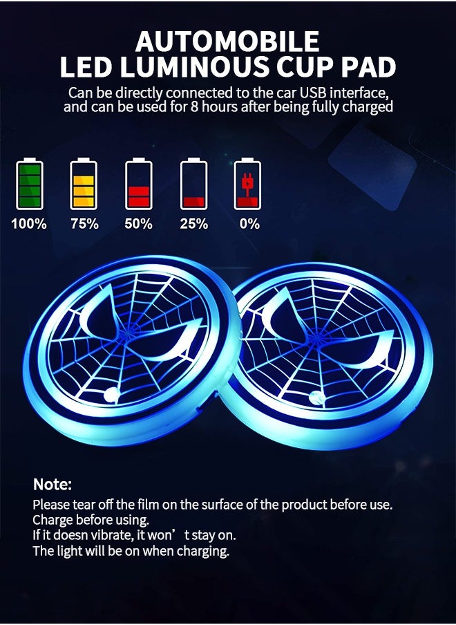 GROIC - 2pcs LED Cup Holder Lights for Spiderman, LED Car Coasters with 7 Colors Luminescent Light Cup Pad, USB Charging Cup Mat Accessories, Automotive Cup Mat Atmosphere Lamp, Automotive Interior - Image 1