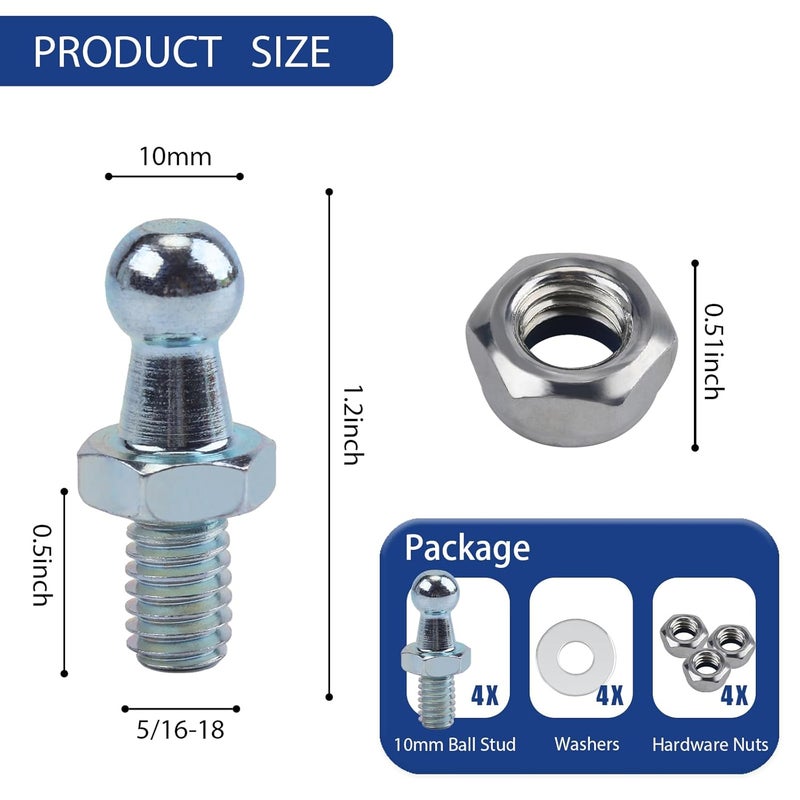 Beneges 4 Pair 10mm Ball Studs with Hardware Lock Nuts Washers 5/16-18 Thread x 1/2" Long Shank for Universal Gas Lift Support Strut End Fittings - Image 2