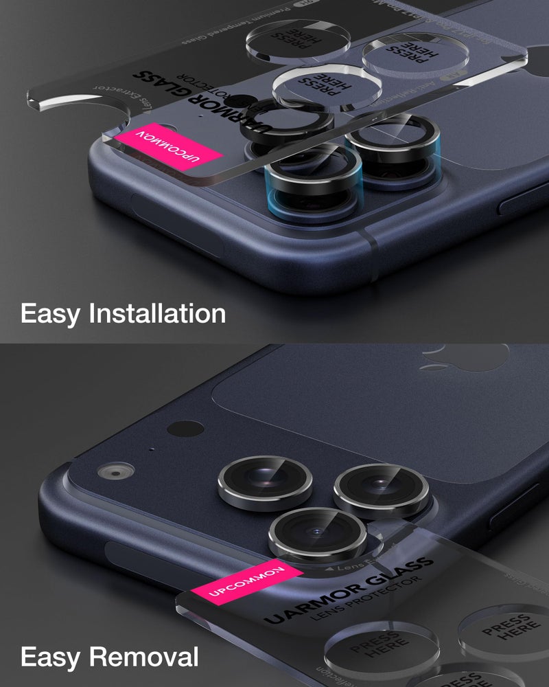 Upcommon UARMOR Camera Lens Protector for iPhone 17 Pro & Pro Max, 9H Tempered Glass & Aluminum Cover, HD Clear, Easy Installation Kit - Black - Image 3
