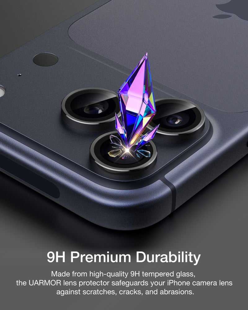 Upcommon UARMOR Camera Lens Protector for iPhone 17 Pro & Pro Max, 9H Tempered Glass & Aluminum Cover, HD Clear, Easy Installation Kit - Black - Image 2