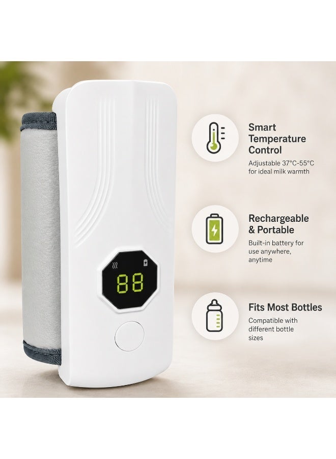 Portable Baby Bottle Warmer Rechargeable Milk Warmer for Baby Milk, Digital Temperature Control 37°C-55°C, Portable Bottle Warmer with LED Display (White)